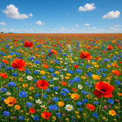 Obraz premium Vibrant wildflower meadow blooming beneath bright blue sky with clouds