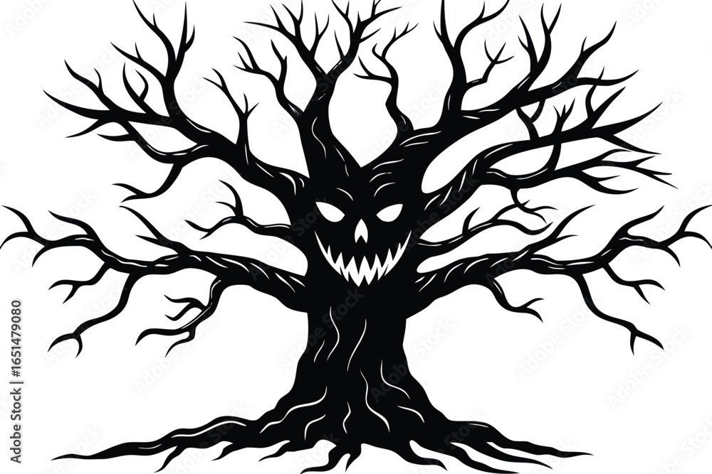 Poster Vector art of silhouette of a spooky halloween tree with a scary face emerging from the trunk creating a creepy and ominous atmosphere