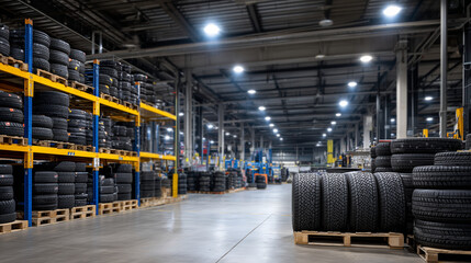 Industrial storage facility with multiple shelves filled with stacked tires, bright overhead lights highlighting textures of treads, automotive shop atmosphere,