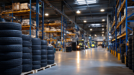 Perspective view of tire stacks on metal racks, polished floor reflecting shelving, warm industrial lighting creating sense of organized inventory,
