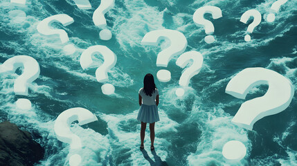 A woman standing in water surrounded by question marks pondering life's mysteries and uncertainties