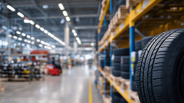 Close-up of tire sidewalls and tread patterns neatly aligned on shelves, industrial background subtly blurred, highlighting automotive parts management,