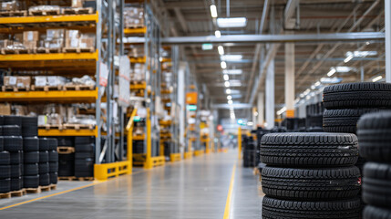 Perspective of aisle between shelves filled with stacked tires, clean and organized storage facility, emphasizing automotive inventory management,