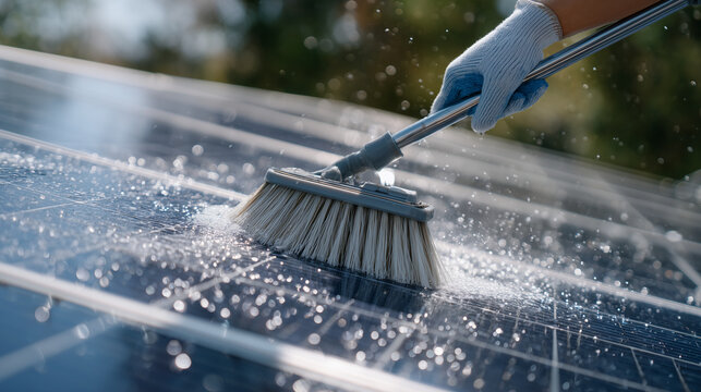Close-up of hand holding brush cleaning solar panel, water droplets glistening on smooth glass surface, sunlight reflecting off panel, outdoor renewable energy maintenance,