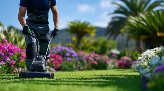 Male gardener in casual work clothes trims vibrant green lawn with electric grass trimmer, sunlight casting sharp shadows, backyard plants and flowers in background, emphasizing ga