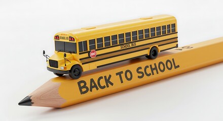 Yellow school bus rests on a large pencil with the words back to school written on it