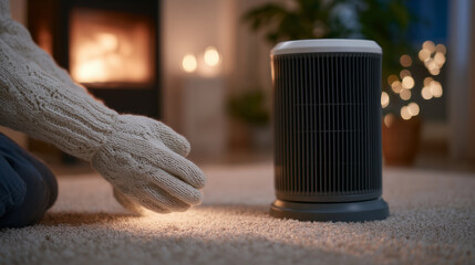 Close-up of gloved hands turning dial of heater, soft light spreading across carpeted floor, warm and relaxing home atmosphere, winter comfort scene,