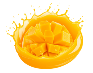 Bright Orange Mango Juice Splash Swirl with Droplets, Front View, Isolated Transparent Background PNG