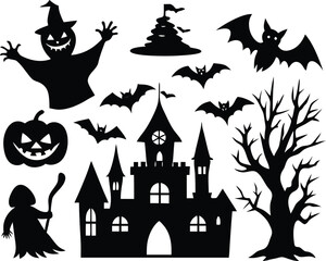 Fototapeta premium Vector art of silhouetted halloween scene with a spooky castle bats pumpkins witch wizard and haunted tree on a dark night