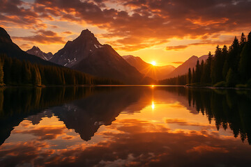 Serene mountain sunset reflecting over calm lake&rsquo;s golden surface