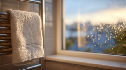 Fluffy towel draped over modern heated rail, warm evening light streaming through frosted window, comfortable and serene bathroom ambiance,