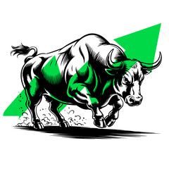 Powerful Bull Illustration with Green Background Accent &ndash; Symbol of Strength, Determination, Finance and Stock Market Growth Artwork