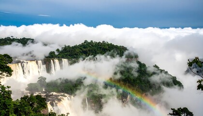 Fototapeta premium Island waterfall scene with rainbow arc