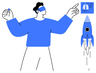 Person wearing VR headset interacting with futuristic digital interface and rocket model. Ideal for tech advancements, space exploration, education, healthcare, innovation, virtual experiences