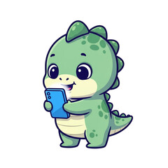 Obraz premium Cute cartoon baby dinosaur holding and looking at a smartphone isolated on transparent background
