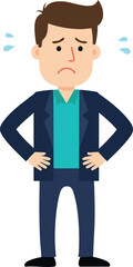 Obraz premium Worried man with sweating expression standing with hands on hips in casual blue outfit vector illustration 