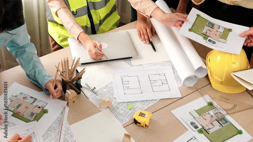 Aufkleber smart architect and safety engineer discussion about building blueprint on table with architectural 
