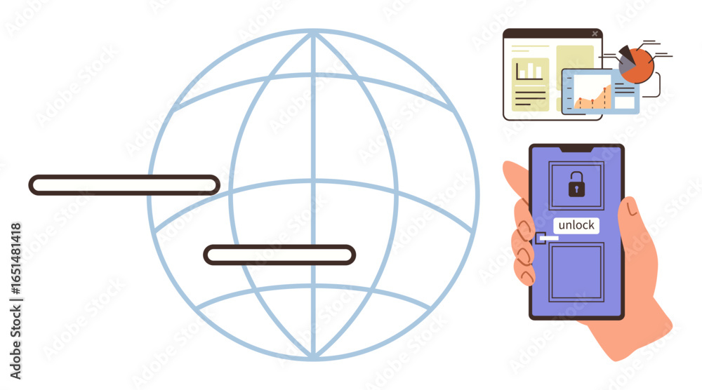 Poster hand holding smartphone unlocking access, digital globe symbolizing worldwide connectivity, and grap