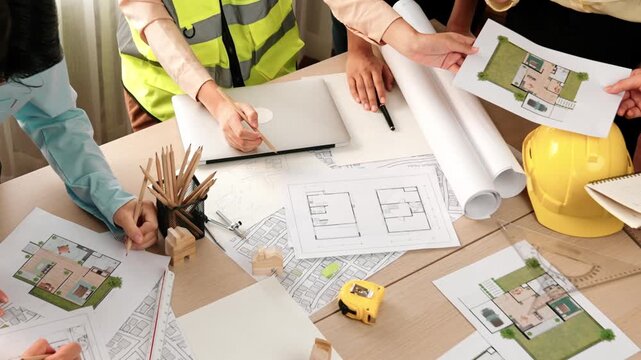 Smart architect and safety engineer discussion about building blueprint on table with architectural document, measurement tools and wooden block scatter around at modern office. Closeup. Delineation.
