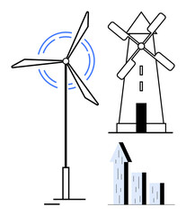 Wind turbine generating energy, traditional windmill, and upward bar chart for growth concept. Ideal for sustainability, renewable energy, development, environment, innovation, clean power simple