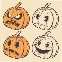Vector art of four cartoon pumpkins with different facial expressions are perfect for halloween decorations and seasonal designs