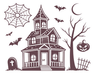 Vector art of a spooky haunted house scene featuring bats moon spiderweb and a pumpkin for a halloween celebration