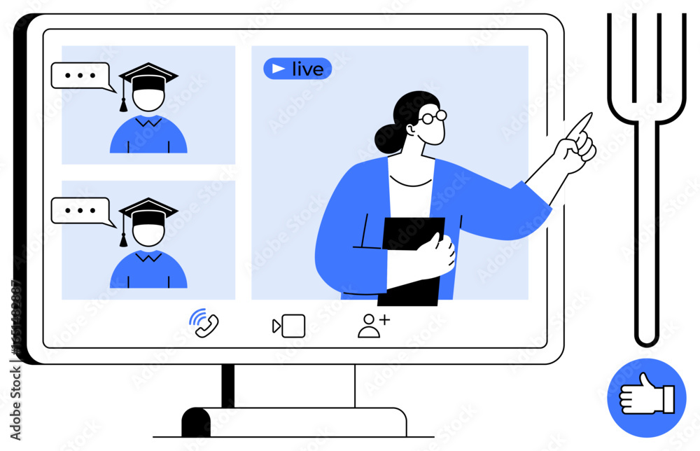 Poster monitor displaying live virtual classroom, teacher explaining to students in graduation caps. ideal 