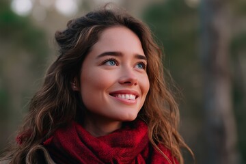 Fototapeta premium A caucasian woman looking up with a cheerful smile. Happy face and positive emotion. Contentment and well-being.