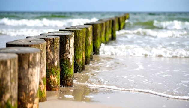 Wooden groynes line the sandy beach.