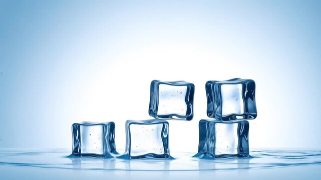 Five ice cubes are stacked with a splash in water, surrounded by droplets. A clean, refreshing, cool composition