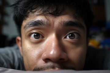 Close up of an asian man's wide, staring eyes and face, expressing fear or shock. Concept of human emotion and reaction.