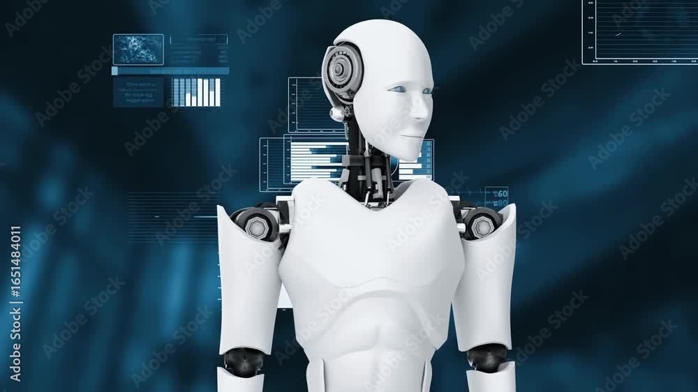 Poster futuristic robot, artificial intelligence cgi big data analytics and programming . robotic man 3d re