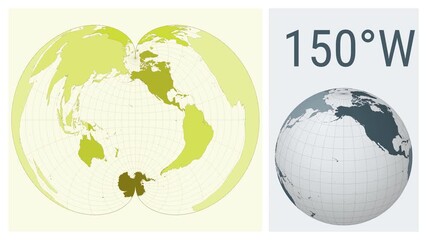 World Map Animation. American polyconic projection. Colored continents style. Animated world map in Polyconic projection. Loopable animation showing longitude shift and matching globe.