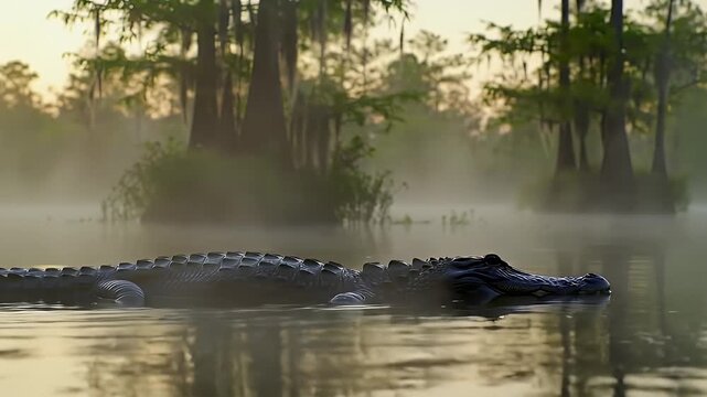 Crocodile swimming in calm river
