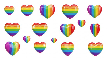 Rainbow hearts on a white background, pride month celebration, love concept