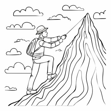 Dessin noir et blanc d'un jeune homme gravissant une montagne, escalade, minimaliste, po&eacute;tique 