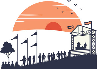 Cheering Concert Crowd Silhouette with Stage Lights in Minimal Music Festival Style