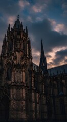 Fototapeta premium Gothic cathedral at twilight, moody clouds and detailed stonework