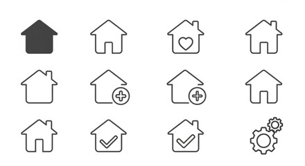 Home Icons Set, House Symbols with Heart, Plus