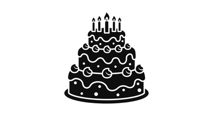 Black three-tiered cake with candles on a white background, celebration icon