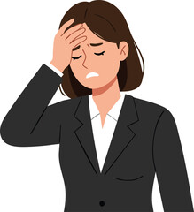 Woman in black suit touching forehead with worried expression vector illustration 