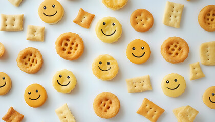 Fototapeta premium The cheerful collection of smiley face snacks on a white background