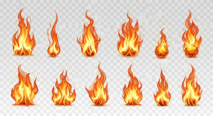 Collection of Realistic Fire Flames on a Transparent Background, Vector Set