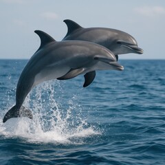 Two dolphins leaping joyfully in ocean waters under a clear sky