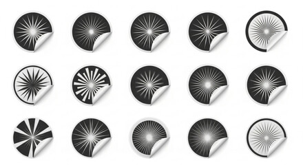 Black burst stickers with curled corner on white, vector graphic elements