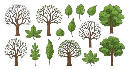 Variety of Trees and Leaves, Hand-Drawn Botanical Illustration on White