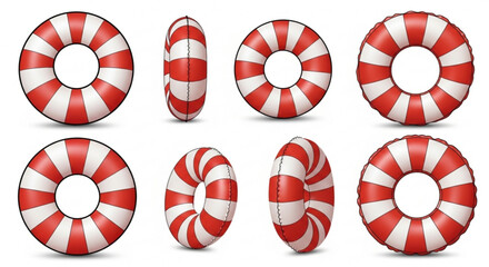 Red and White Striped Lifebuoy Collection on a Clean Background, Safety Concept