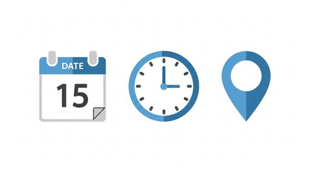Calendar, Clock, and Location Pin Icons for Scheduling and Appointments