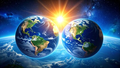 Fototapeta premium Twin Earths Sunrise Space.