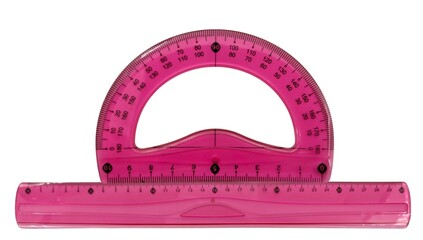 Top view of a pink transparent plastic ruler and protractor set, ideal for measuring straight lines, angles, and geometry tasks, commonly used in school, drafting, or technical drawing.